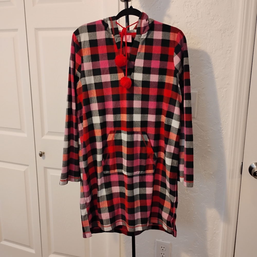 Jenni Plaid Fleece Hooded Tunic PJ Loungewear Top with Pom Pom Ties Size XL